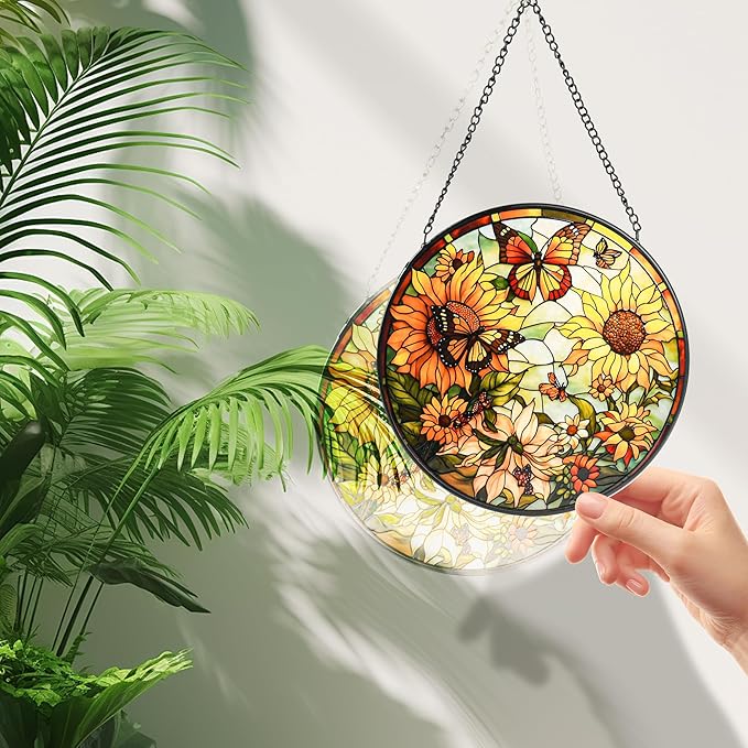 Sunflower Stained Glass Window Hanging,Flowers and Butterfly Sun Catcher for Door Terrace Garden Kitchen Home Decor,Suncatchers for Christmas Mother's Day Birthday Valentine's Day Festival Gift 6.3 in
