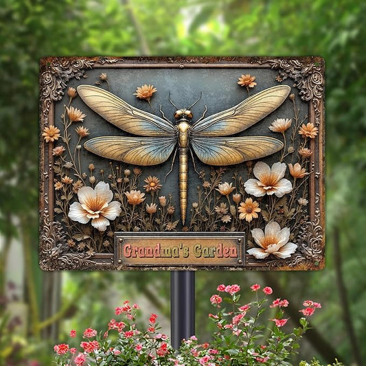 Custom Garden Signs Personalized Metal Tin Sign for Women, Retro Dragonfly Metal Sign for Outdoor, Patio, Yard Rustic Home Decor Gift for Mothers Day, Grandmas, and Gardening Lovers