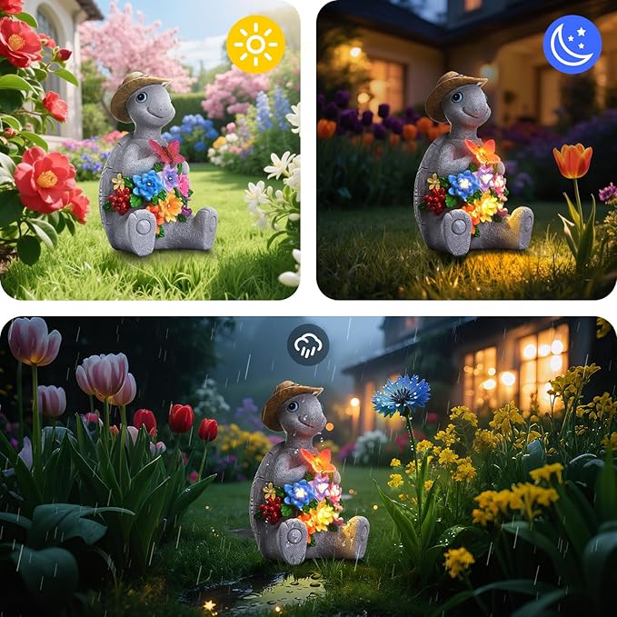Solar Garden Outdoor Statues Turtle with 8 LED Lights, Yard Decor Tortoise for Ornament, Mom Birthday Gifts for Women, Housewarming Gifts for Patio, Porch, Balcony