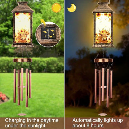 YHmall Highland Cow Wind Chimes for Outside, 37" Windchimes Outdoor Memorial Gifts for Women Mom Grandma, Hanging Solar Lantern Wind Chimes for Patio Garden Outdoor Decor