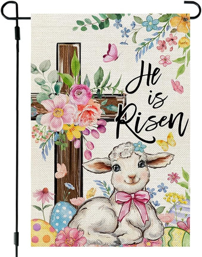 CROWNED BEAUTY Easter Garden Flag He is Risen Cross 12x18 Inch Double Sided Floral Holiday Decoration for Outdoor Lawn Yard
