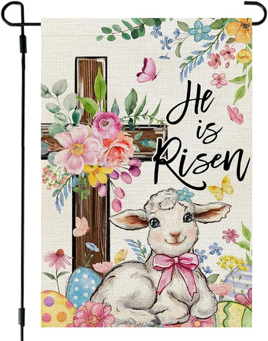 CROWNED BEAUTY Easter Garden Flag He is Risen Cross 12x18 Inch Double Sided Floral Holiday Decoration for Outdoor Lawn Yard