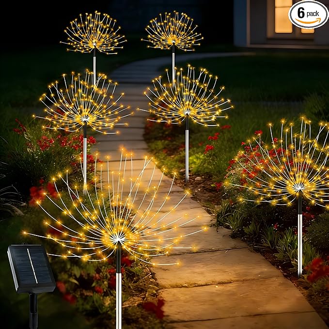 echosari Solar Garden Lights Outdoor, Total 6 Pack 720 LED Firework Lights with Auto On/Off 8 Modes IP65 Waterproof Landscape Light for Outdoor Yard Pathway Garden Decor (Warm White)