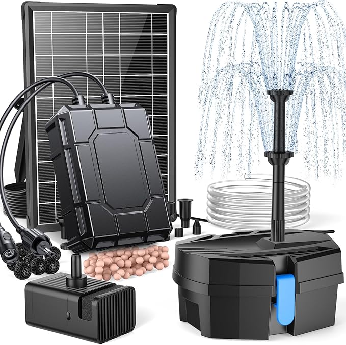 POPOSOAP Solar Pond Filter with Fountain Pump Kit Built-in 1800mAh Battery Backup, 8W Solar Water Fountain Pump, Pond Filters for Outdoor Ponds Bird Baths DIY Water Feature