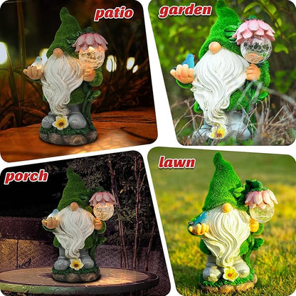 Garden Gnome Statue - Funny Gnome Decoration Hold Flower with Solar Crackle Glass Globe Lights, Resin Gnomes Figurine Ornament for Patio Yard Lawn Porch Outdoor Decor