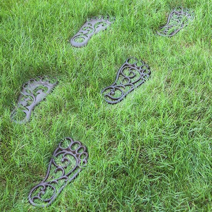 Sungmor Heavy Duty Cast Iron Stepping Mats for Front Door, 2PC 11.8 Inch Long Sturdy Metal Left & Right Footprint Stepping Stone, Retro Elegant Decorative Mat for Garden Lawn Panel Walkway Landscaping