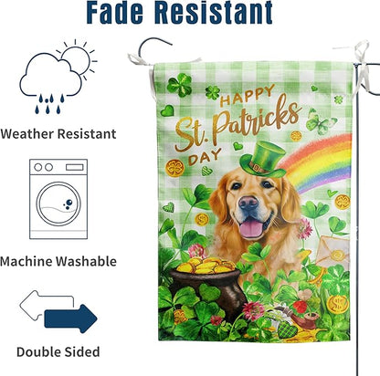 Golden Retriever St Patricks Day Garden Flag Dog St Patrick's Day Yard Flags for Outside 12x18 Double Sided Buffalo Plaid Shamrock Flag Small Outdoor Rainbow St Patrick's Decor