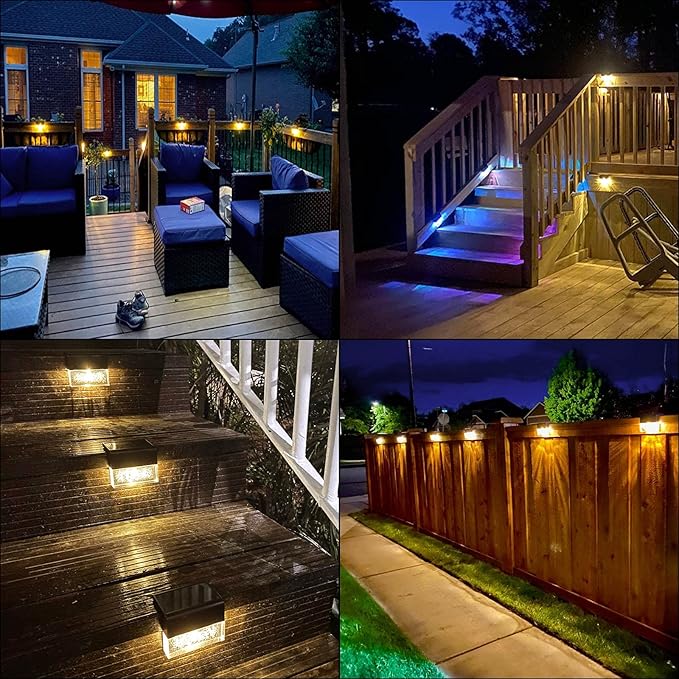 DenicMic Solar Deck Lights LED Solar Step Lights Outdoor for Fence, Patio, Garden, Yard, Backyard, 10 Lumen 2 Lighting Modes Acrylic Bubbles Warm White/Color Changing (6 Pack)