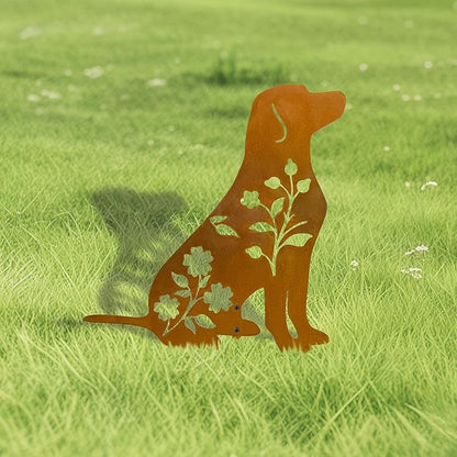 Dog Garden Stake - Unique Gift for Dog Lovers, Black Metal Outdoor Decor, Durable Yard Art Statue (Rusty Labrador)