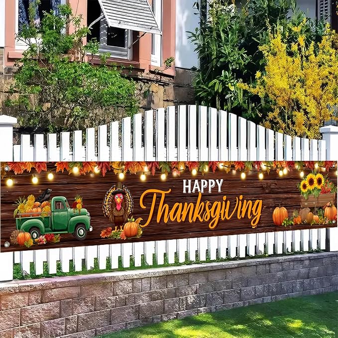 BlissYard Happy Thanksgiving Banner Autumn Harvest Backdrop Turkey Truck Pumpkins 118x20 inches Fall Decor Supplies for Thanksgiving Celebration Photo Backdrop Wall Hanging Decoration