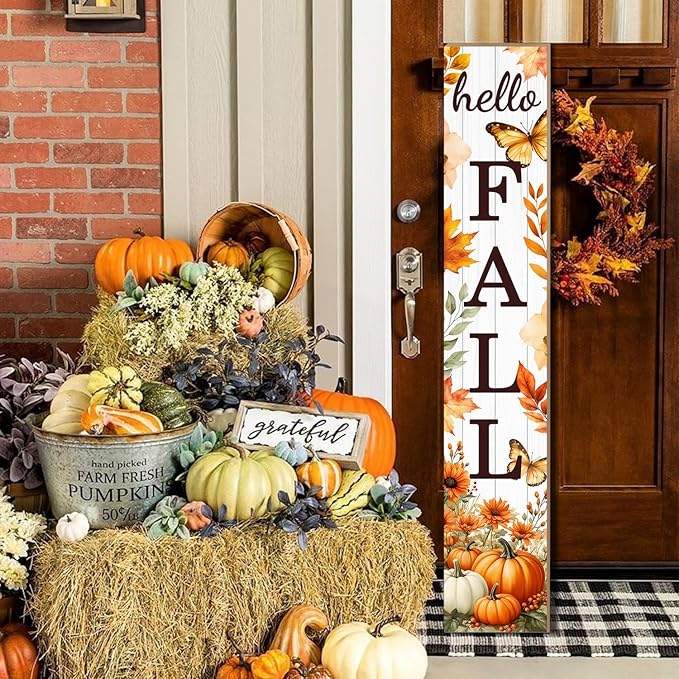 Hello Fall Porch Sign Autumn Pumpkin Maple Leaf Welcome Sign Vertical Standing Sign For Front Porch Decor Farmhouse Hanging Wall Sign for Patio Yard Party Indoor Outdoor Thanksgiving Decoration 47.2"H