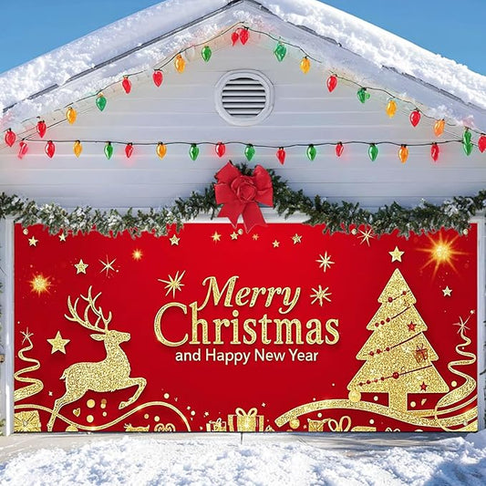 IVN Christmas Garage Door Cover Decoration 13x6ft Santa Glitter Gold Tree Reindeer on Red Holiday Christmas Garage Door Banner Home Garage Door Front Yard Decor for Xmas Eve Holiday Outdoor