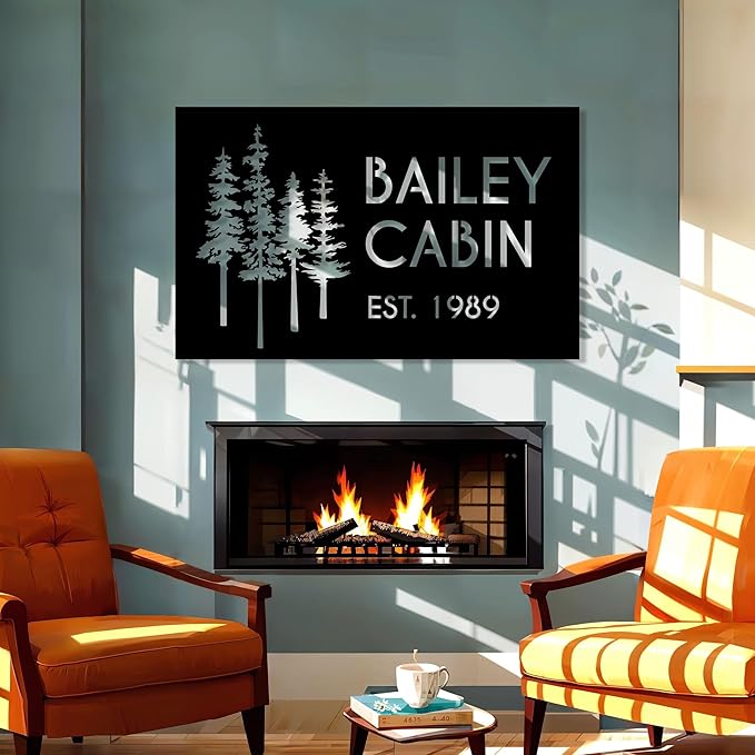 Personalized Metal Cabin Wall Art, Custom Pine Tree Metal Sign, Last Name Sign for Outdoor, Farmhouse Decor, Forest Design Family Name Sign, Mountain House Sign, Over Fireplace Art, Housewarming Gift