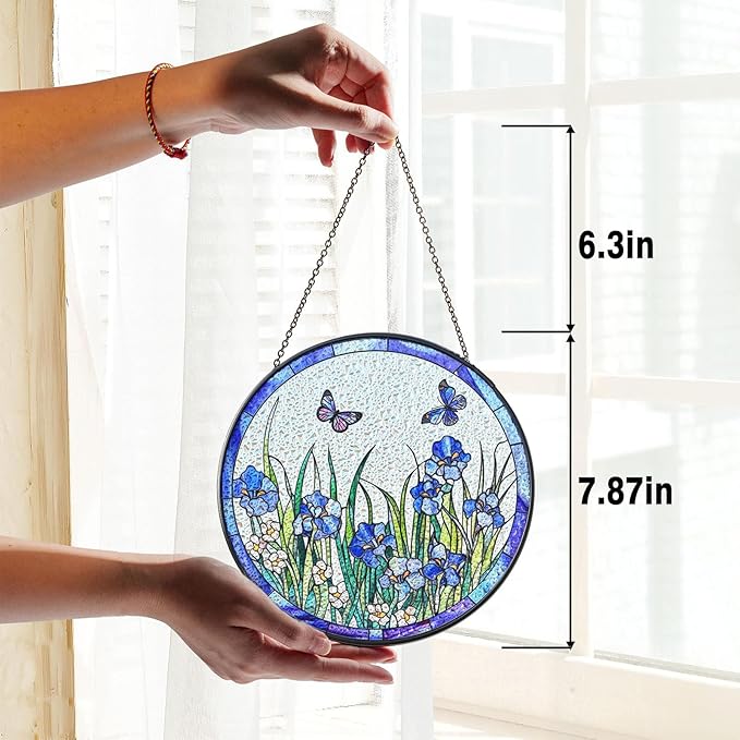 Stained Glass Window Hanging, Butterfly and Iris Flower Suncatcher 7.87inch Hand-Painted Sun Catcher for Windows and Home Decor Indoor & Outdoor Decoration, Gift for Women