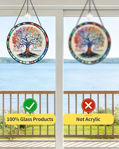 Tree of Life Stained Glass Window Hanging Family Tree Suncatcher for Door Home Decor Desk Decorations Gifts for Women (Glass-Family Forever, 7.8x7.8 in)