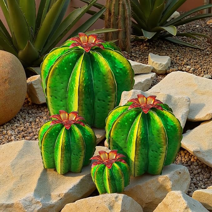 Metal Cactus Yard Art Set of 4 - Hand Painted Barrel Cactus Garden Decor, Metal Cactus Sculptures for Outdoor Patio Lawn, Mexican Style Desert Garden Statues, Housewarming Gift (5"-12.6")