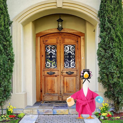 Shyyween Lady Porch Goose Outfit for 17'' Cement Plastic Lawn Goose Statue Clothes Pink Bathrobe Coffee Cup Curlers for Outdoor Garden Yard Patio Decoration