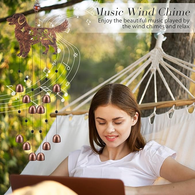 Cinnvoice 24 Inch Metal Wind Chimes Decor for Outside Garden Birthday Gift for Women Men Bronze Windchimes Pet Memorial Gift with 12 Bell for Patio Yard Lawn Housewarming Front Yard(Golden Retriever)