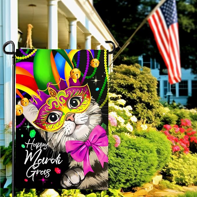Happy Mardi Gras Garden Flag Masquerade Mask Cat Yard Flags Spring New Orleans Carnival Festival Masquerade Celebration Season Holiday Party Yard Decoration for Outside 12x18 Double Sided