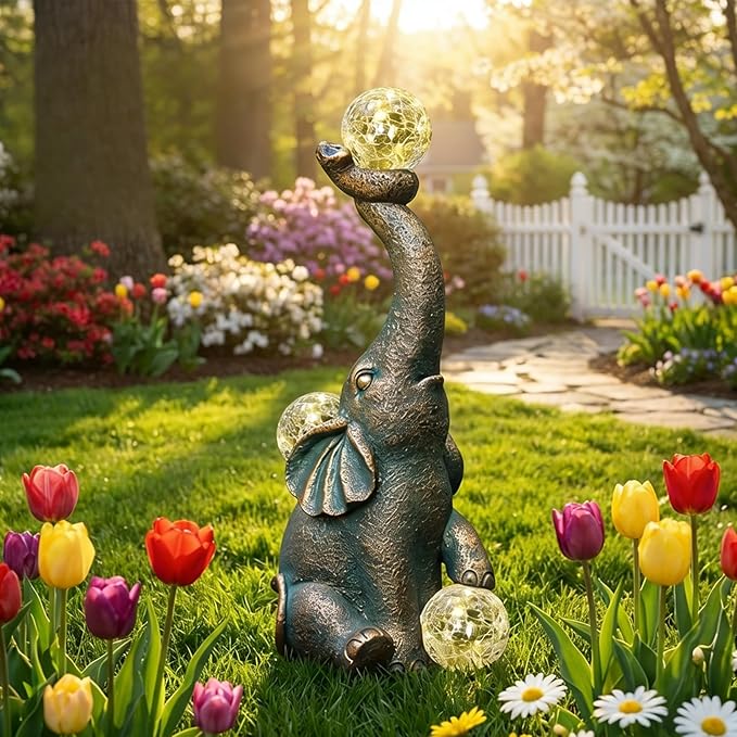 Solar Elephant Statue Outdoor Decor with 15 LED Crackle Ball, Garden Patio Sculpture Light, Waterproof Lucky Elephant Gift for Mom, Housewarming, Birthday, Yard & Porch Decoration
