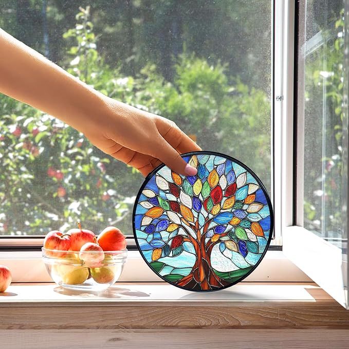 kdqua Tree of Life Suncatcher Stained Glass Window Hanging, Sun Catchers Indoor Window Glass Round Wall Decor, Nature Wall Art Hanging Decorations Statues Christmas & Birthday Gifts, 7.9x7.9in