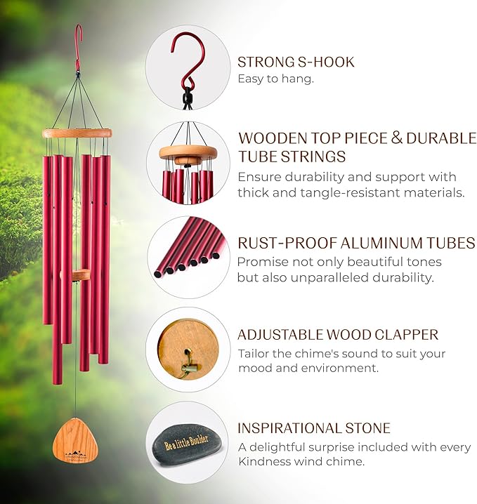 UpBlend XL Wind Chimes for Outside Gift – Deep Tone Wind Chime with Decorative Stone – Garden and Patio Décor for Porch or Yard, Elegant Outdoor Ornament, Meaningful Gift for Neighbors. 41” Red.