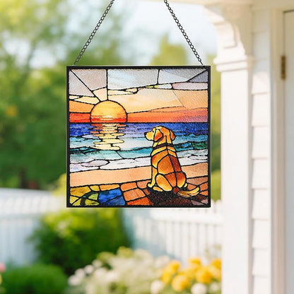 Hanging Stained Glass for Window Dog Suncatcher, Sun Catchers for Outdoor Decoration, Golden Retriever Garden Decor, Gifts for Women, Lovers, Couple, Friend, Bestie