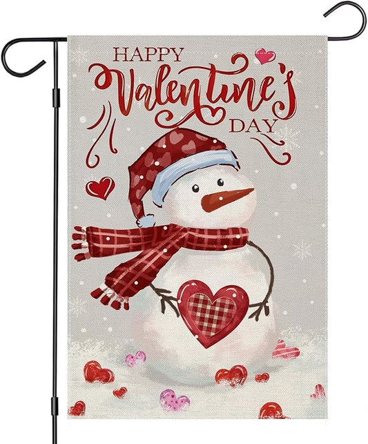 Happy Valentine’s Day Garden Flags 12x18 Inch Double Sided, Watercolor Snowman Small Seasonal Decoration for Holiday Anniversary Wedding Yard Outside Outdoor