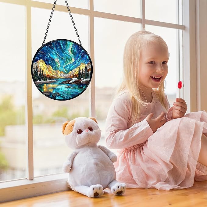 Nature Mountain Aurora Borealis Suncatchers Stained Glass Window Hanging, Northern Lights Sun Catchers Indoor Window Glass Round Wall Decor, Nature Wall Hanging Decorations, 7.9x7.9in