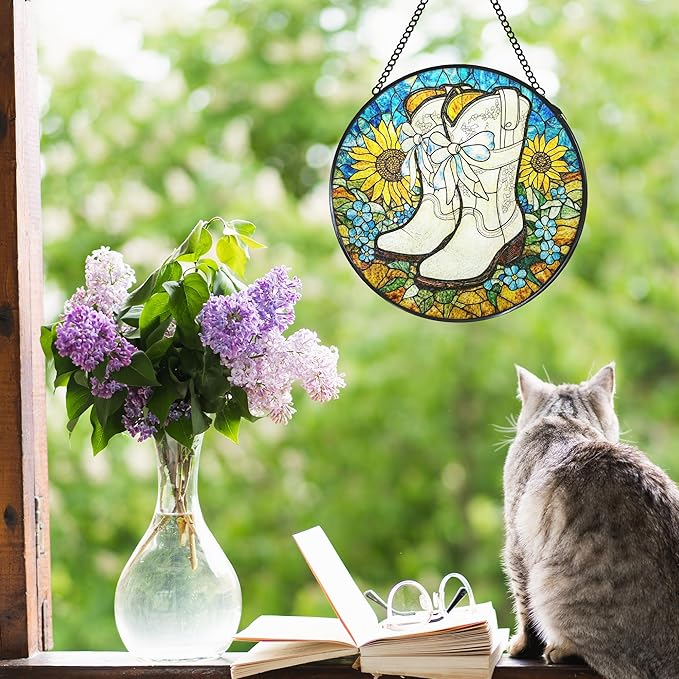 Western Cowboy Boots Sunflower Stained Glass Window Hanging Suncatcher, Western Cowgirl Sun Catcher Decor for Home Window Garden, Country Painted Glass Wall Hanging Decorations 7.8x7.8 in