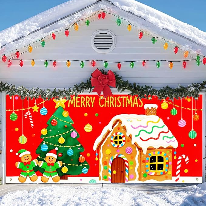 IVN Merry Christmas Garage Door Banner 13x6ft Gingerbread House Christmas Tree Candy Decoration Outdoor Winter Photo Prop for Holiday Yard Garage Door Scene