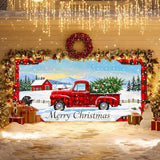 IVN Merry Christmas Garage Door Banner 13x6ft Festive Buffalo Plaid Truck in Snowy Landscape Photo Prop Background for Joyful Holiday Yard Door Cover Background Outdoor Winter Scene