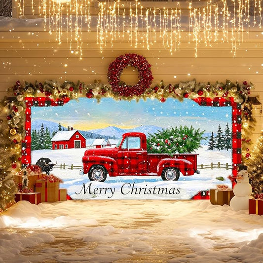 IVN Merry Christmas Garage Door Banner 13x6ft Festive Buffalo Plaid Truck in Snowy Landscape Photo Prop Background for Joyful Holiday Yard Door Cover Background Outdoor Winter Scene