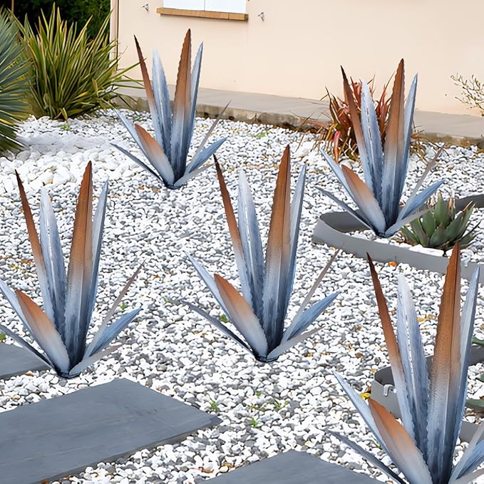 EROCK 2 Pcs Tequila Rustic Sculpture, Wind Resistant Metal Agave Plant Outdoor Home Decor, DIY Rustic Hand Painted Metal Agave Garden Art Plant Country Sculpture Statue Patio Stake Lawn Ornament Gift