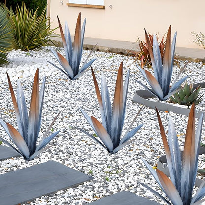 2PCS Large Tequila Rustic Sculpture, Wind Resistant Metal Agave Plants Garden Art for Outdoor Home Decor, DIY Hand Painted Metal Agave Yard Sculpture Statue Garden Lawn Ornament Gift (2, Silver)