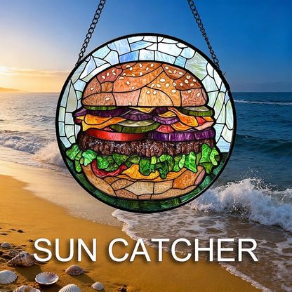 CHATYOUNG Stained Glass Window Hanging Big Beef Burger Large 11.8" - Cute Suncatcher Door Garden Kitchen Sun Catcher Exquisite Home Decor Christmas for Mom Woman Nana Friend Men Kids