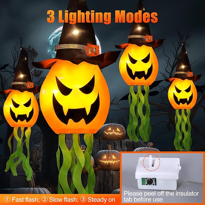 Cuorung Halloween Decorations Outdoor Decor Hanging Lighted Glowing Pumpkin Witch Hat with 3 Modes Lighted Up Scary Orange Halloween Decorations for Indoor Outside Party Yard Tree Garden (4Pcs)