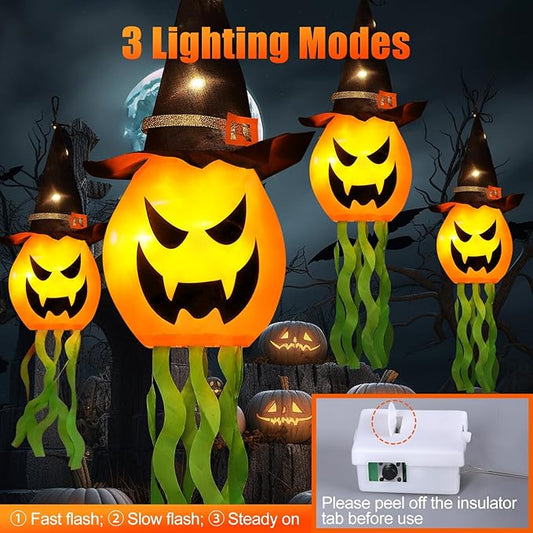Cuorung Halloween Decorations Outdoor Decor Hanging Lighted Glowing Pumpkin Witch Hat with 3 Modes Lighted Up Scary Orange Halloween Decorations for Indoor Outside Party Yard Tree Garden (4Pcs)