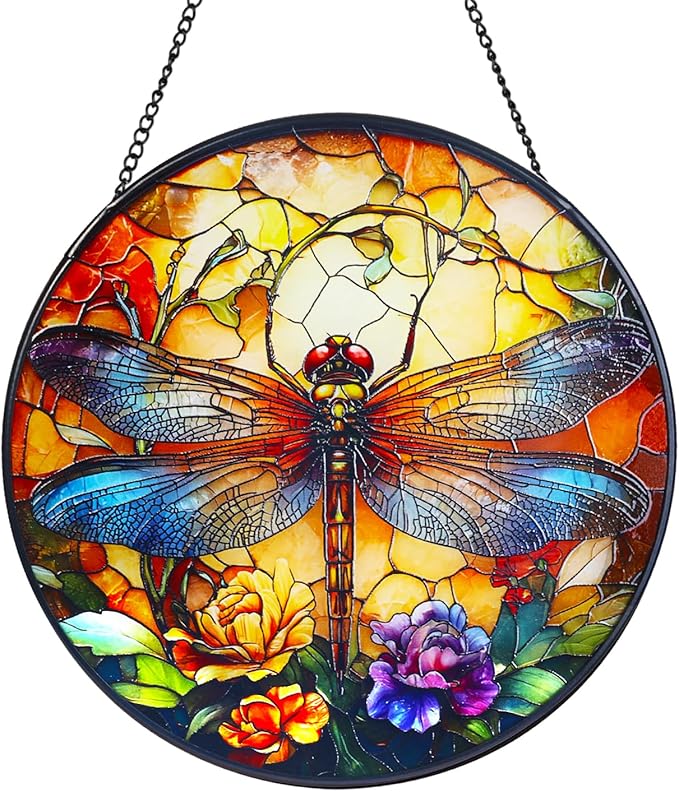 Dragonfly Stained Glass Window Hanging Suncatcher with Chain - 7.9" Outdoor/Indoor Art Decor for Home Garden, Wedding, Mother's, Dad's, Valentine's, Birthday, & Christmas Ornaments Present