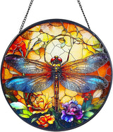 Dragonfly Stained Glass Window Hanging Suncatcher with Chain - 7.9" Outdoor/Indoor Art Decor for Home Garden, Wedding, Mother's, Dad's, Valentine's, Birthday, & Christmas Ornaments Present