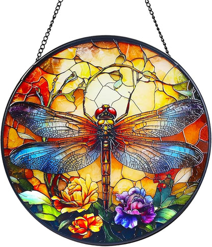 Dragonfly Stained Glass Window Hanging Suncatcher with Chain - 7.9" Outdoor/Indoor Art Decor for Home Garden, Wedding, Mother's, Dad's, Valentine's, Birthday, & Christmas Ornaments Present