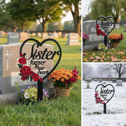 AIM & GGKK Memorial Stake for Sister - Metal Heart Grave Marker with Red Roses, Memorial Plaque Cemetery Decor for Grave, Garden, Gravesite