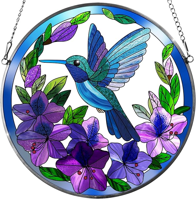 Hummingbird Stained Glass Suncather for Window Hanging, 6.3'' Purple Hummingbird Ornament Gift for Women, Nature-Inspired Wall Art Home Decor Gifts for Mom, Grandma (Purple, 6.3'')