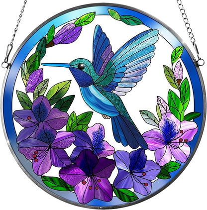 Hummingbird Stained Glass Suncather for Window Hanging, 9'' Purple Hummingbird Ornament Gift for Women, Nature-Inspired Wall Art Home Decor Gifts for Mom, Grandma (Purple, 9'')