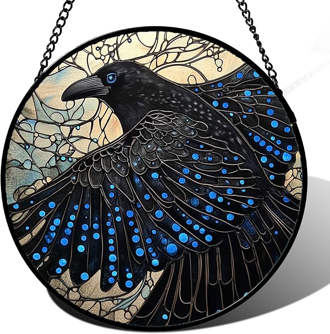 Stained Glass Window Hanging - Black Crow Big Wings Suncatcher for Doors Garden Patio Bird Sun Catchers Decor Christmas Mother's Day Birthday Gifts for Women Men Mom Nana Friend 11.8 in
