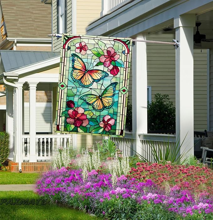 Spring Summer Butterfly House Flag 28x40 Inch Double Sided, Stained Glass Floral Butterfly Outdoor Flag, Colorful Flower Large Yard Lawn Porch Patio Farmhouse Garden Decor