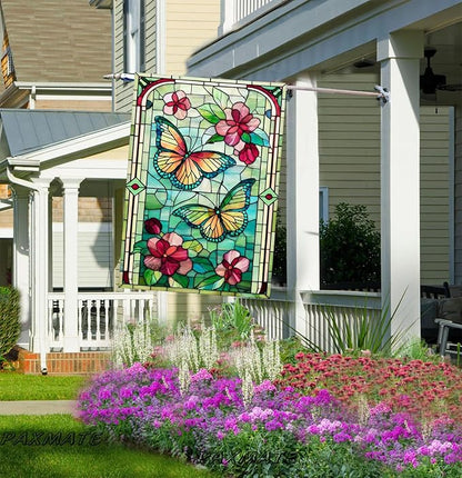 Spring Summer Butterfly House Flag 28x40 Inch Double Sided, Stained Glass Floral Butterfly Outdoor Flag, Colorful Flower Large Yard Lawn Porch Patio Farmhouse Garden Decor