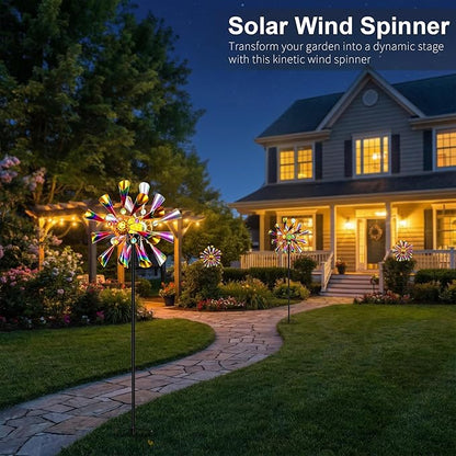 Solar Wind Spinner Outdoor - Metal Kinetic Garden Sculptures with Color Changing LED Crackle Glass Ball, Waterproof Wind Mill Stake for Yard, Patio, Lawn, and Pathway Decoration (Multi-Color)