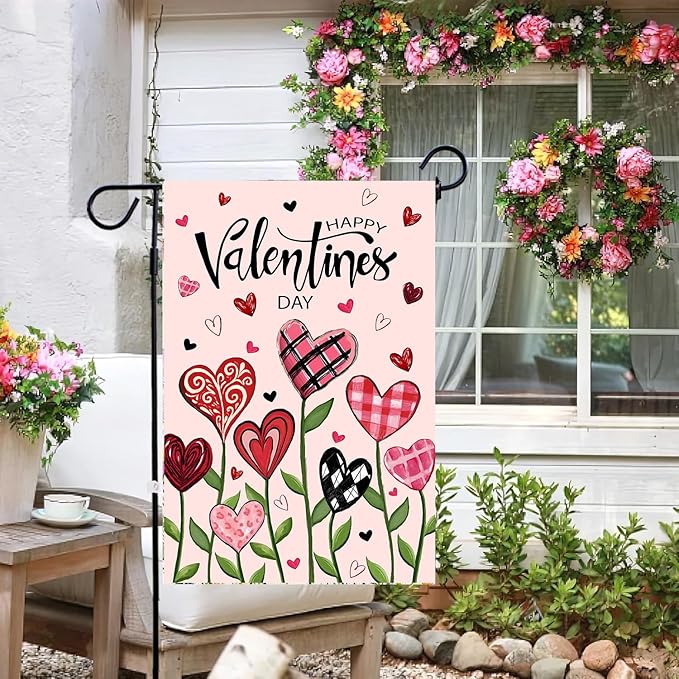 Happy Valentines Day Garden Flag Love Heart Floral Banner 12x18 Inch Double Sided for Outside Spring Holiday Anniversary Yard Decorative