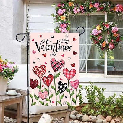 Happy Valentines Day Garden Flag Love Heart Floral Banner 12x18 Inch Double Sided for Outside Spring Holiday Anniversary Yard Decorative